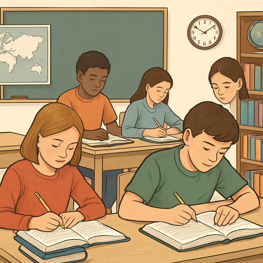 A classroom with students focusing on their studies, with no visible smartphones around. The image highlights a distraction-free learning environment. Students in a classroom focused on learning without using smartphones.