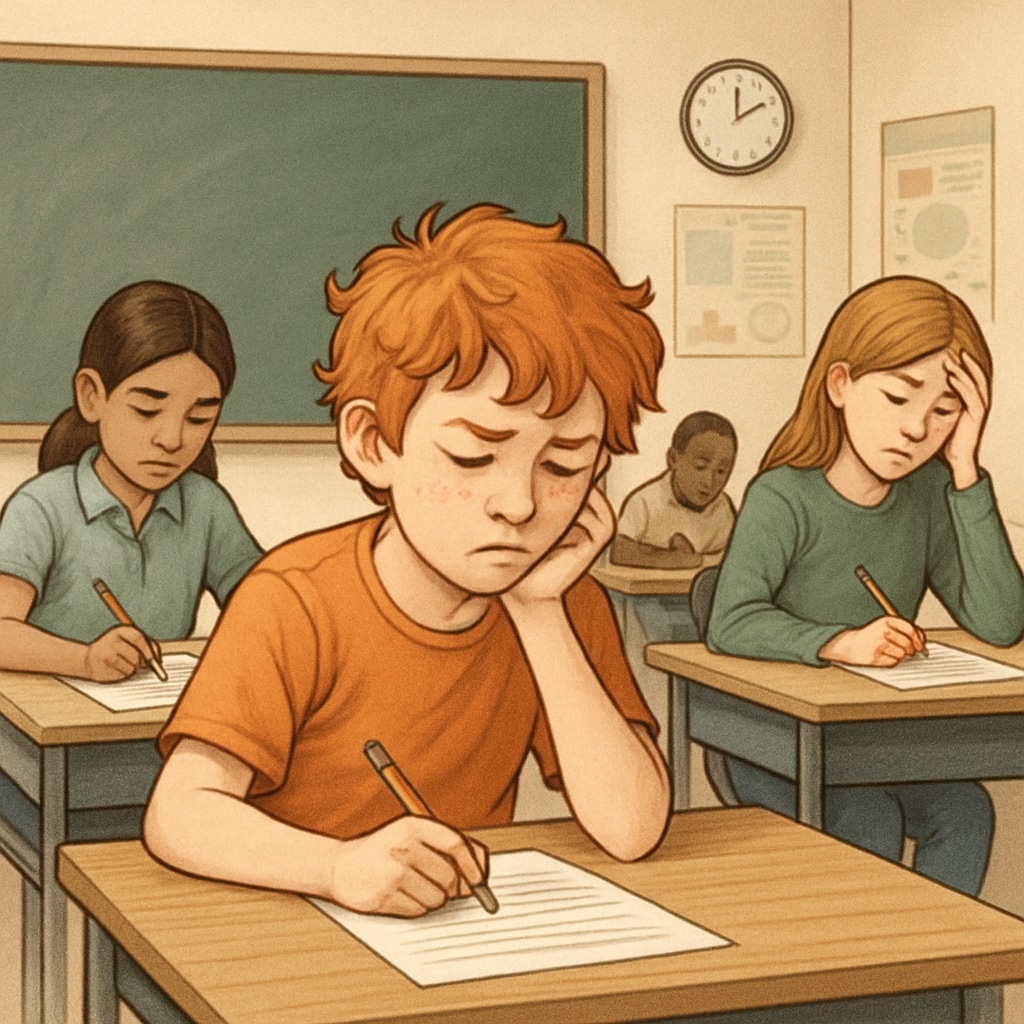 A classroom setting where students are taking a standardized test, illustrating the challenges ADHD students face during such evaluations. Students taking a standardized exam, highlighting ADHD-related challenges.