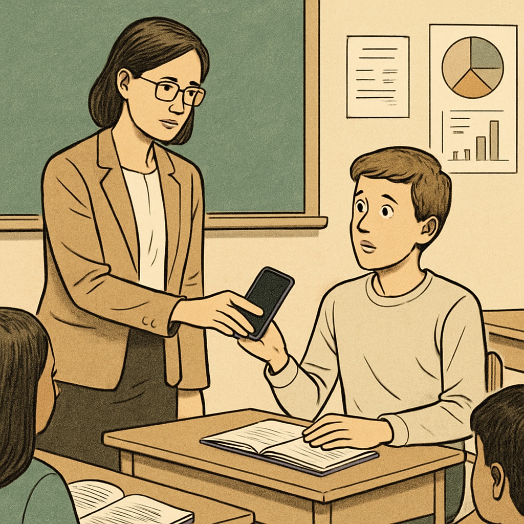 A teacher confiscating a smartphone from a student during class. The image illustrates the enforcement challenges of phone bans in schools. Teacher confiscating a smartphone from a student in class.