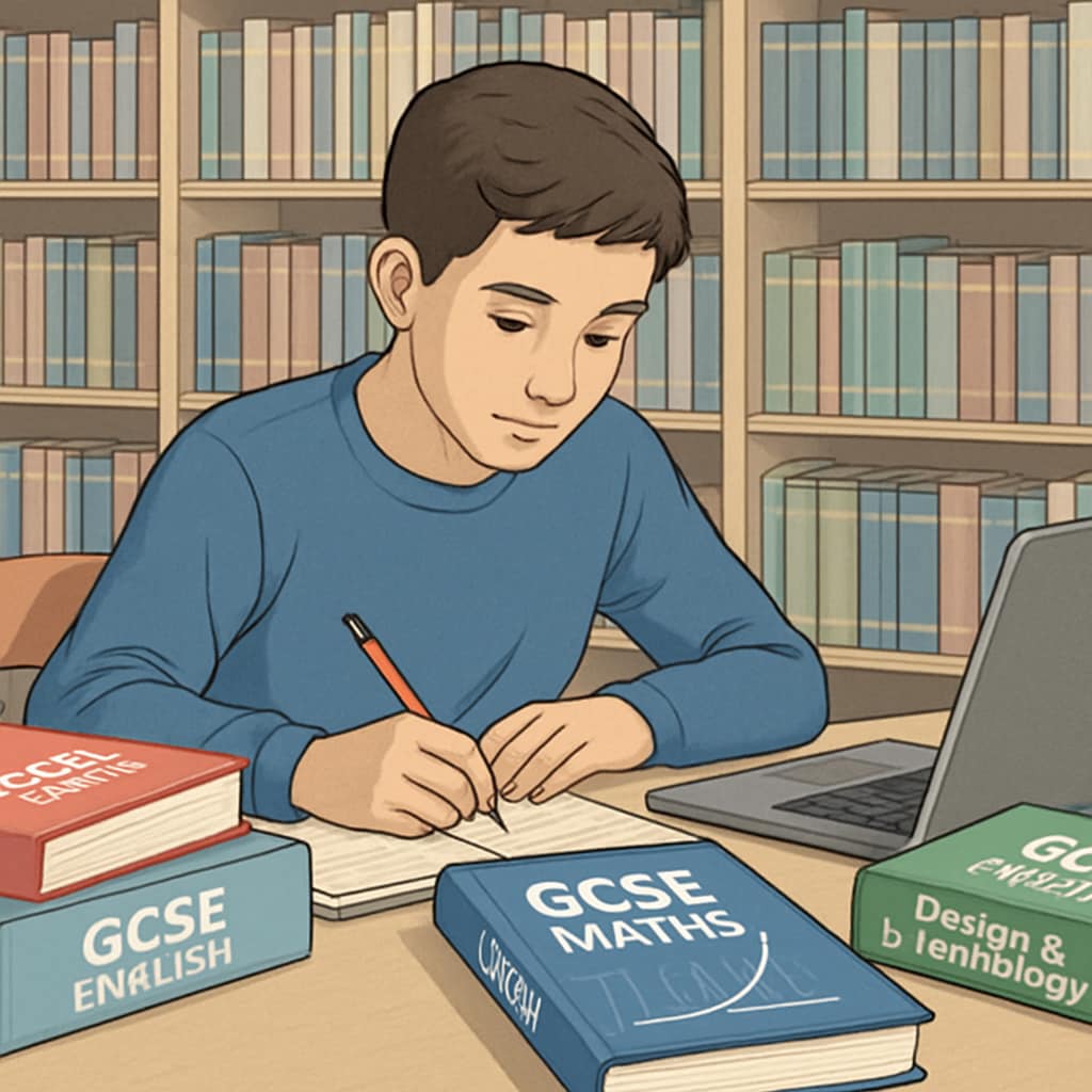 A teenage student studying in a library with GCSE textbooks and a laptop, reflecting both vocational and academic efforts. A student balancing Plumpton College studies and GCSE exam preparation.