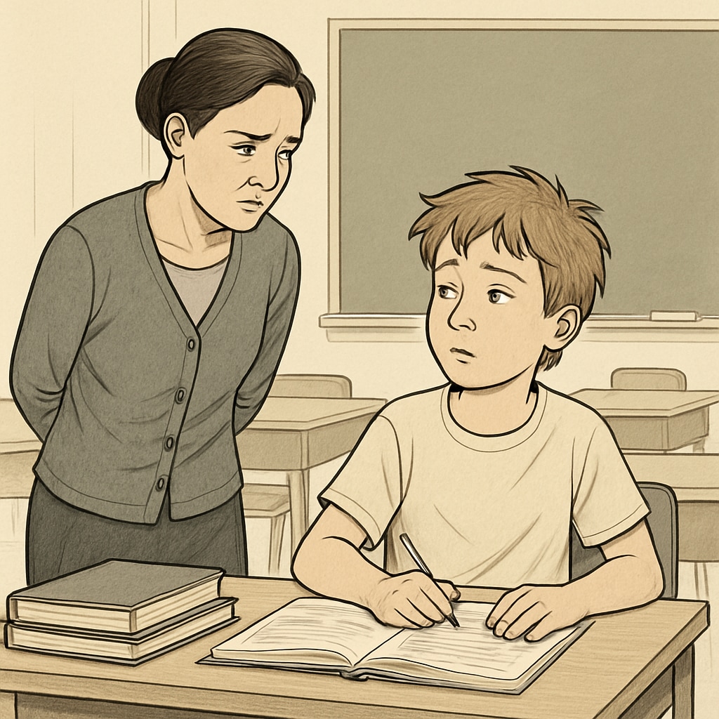 A teacher observing a student who appears distracted while working on classroom material, symbolizing the misunderstanding of ADHD behaviors in educational settings. A teacher observing a distracted student during class, reflecting ADHD struggles.