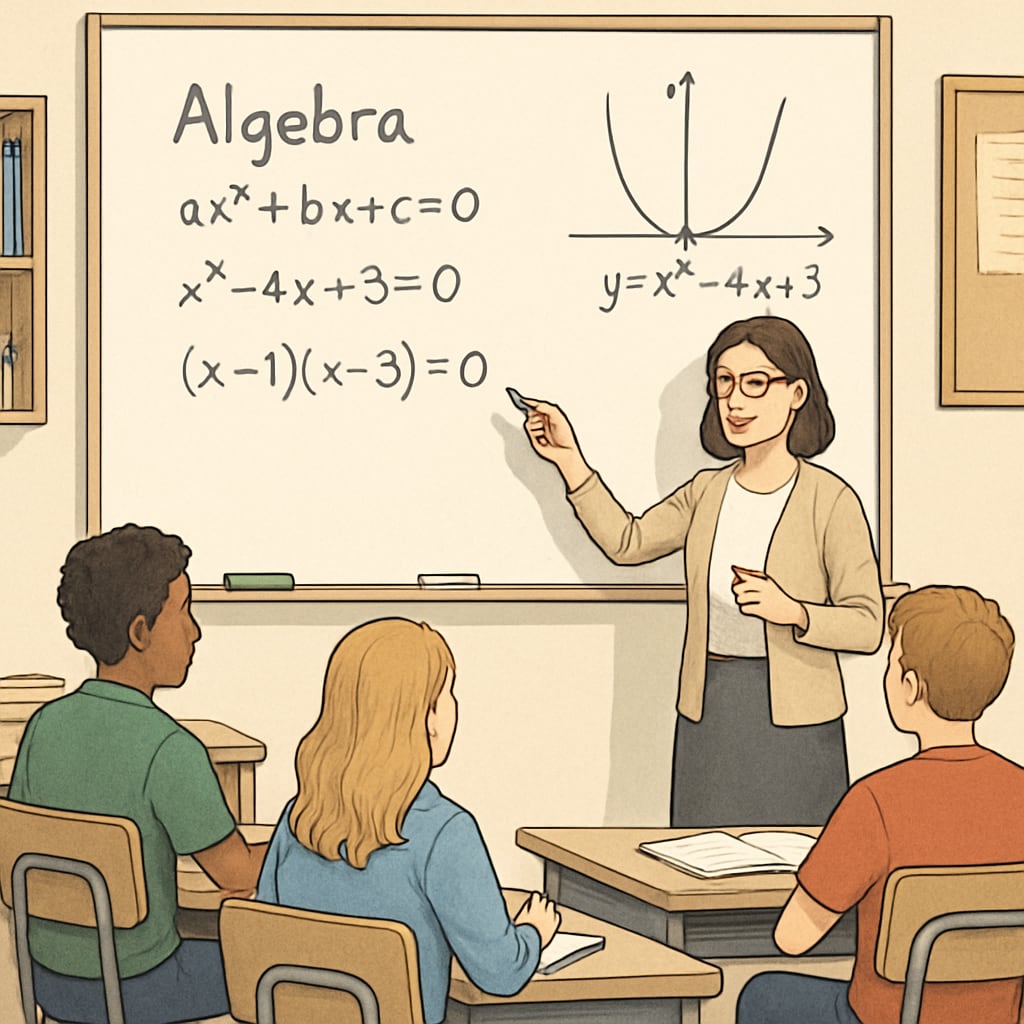 A teacher explaining high school algebra concepts on a whiteboard to a group of attentive students. A teacher demonstrating algebra concepts as part of high school mathematics teaching.