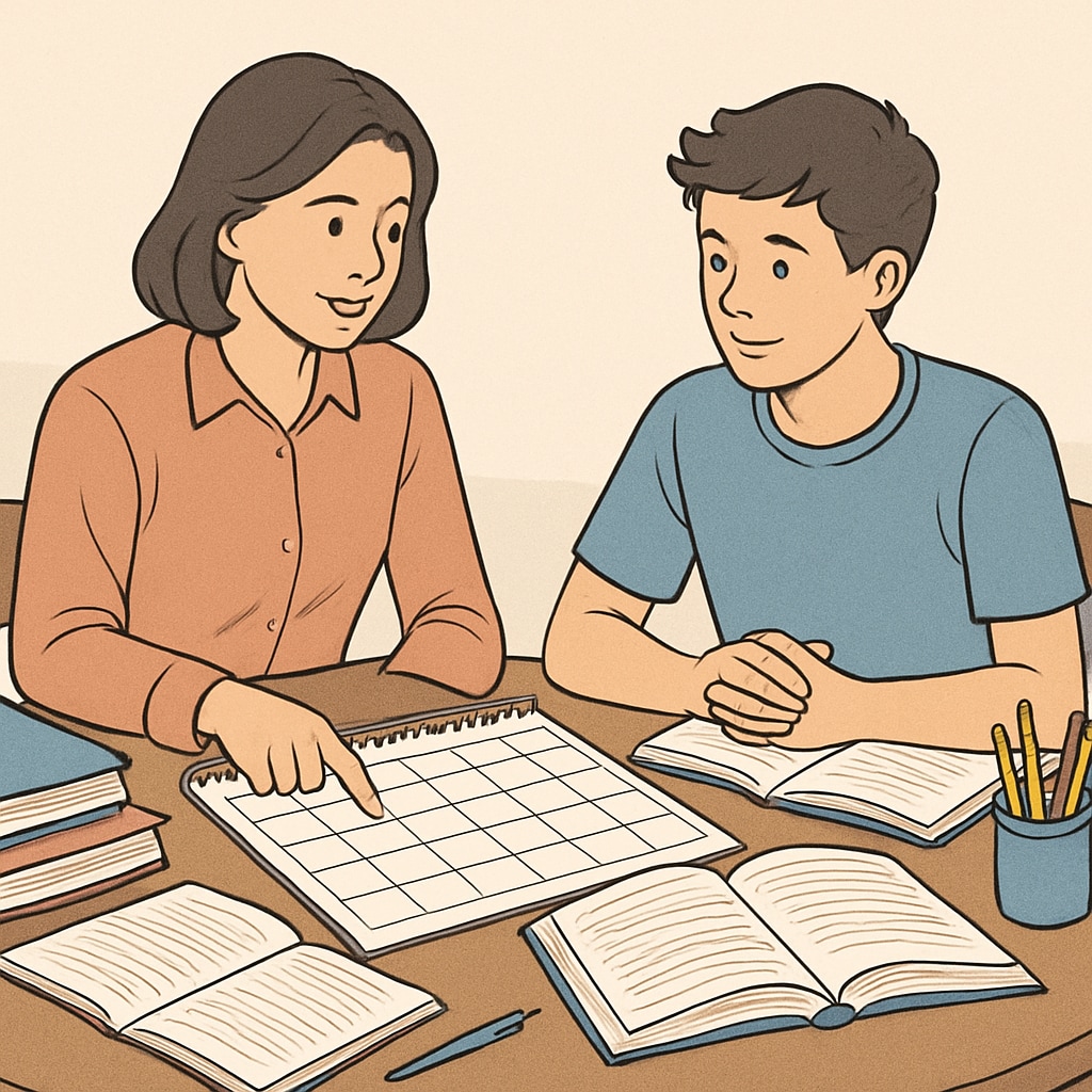 A parent and student discussing a study plan at a table, with a calendar and books spread out. Guardians helping students plan for Plumpton College and GCSE balance.