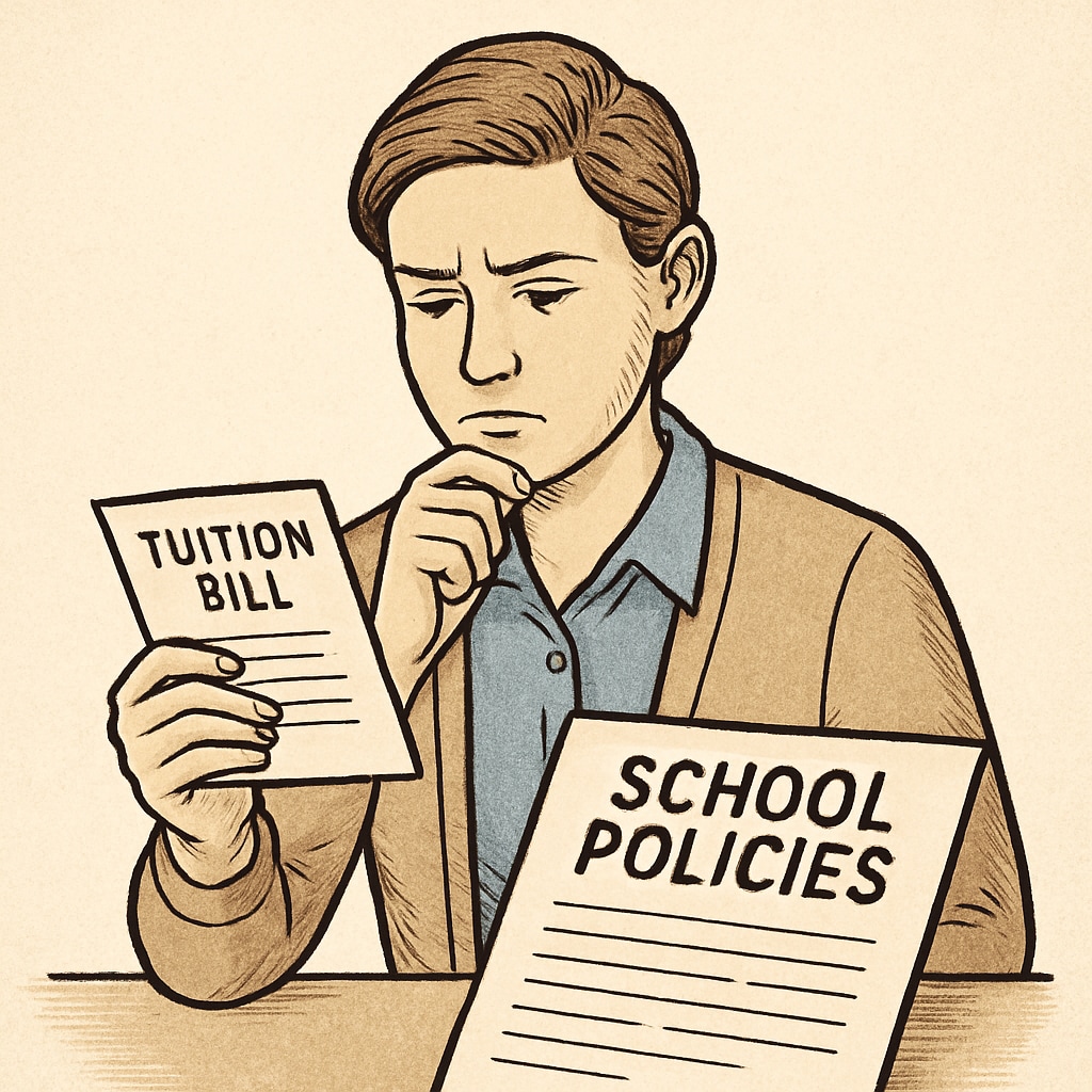 A concerned parent reviewing school policies while holding a tuition bill. Parent reviewing unpaid tuition bill and report card access policies.