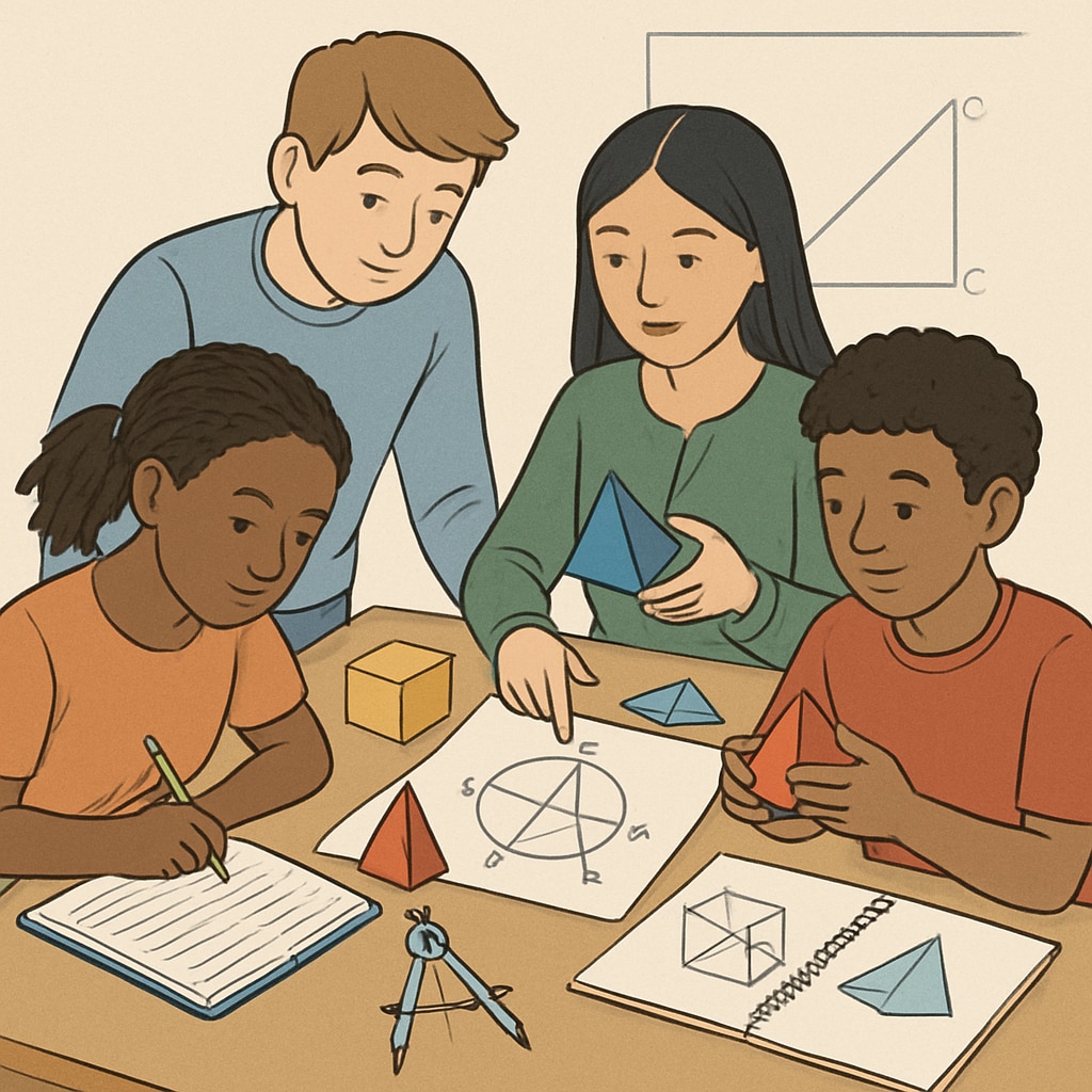 A diverse group of students working together on a geometry project, using hands-on materials and diagrams. Students collaborating on a geometry project to overcome learning obstacles in mathematics.