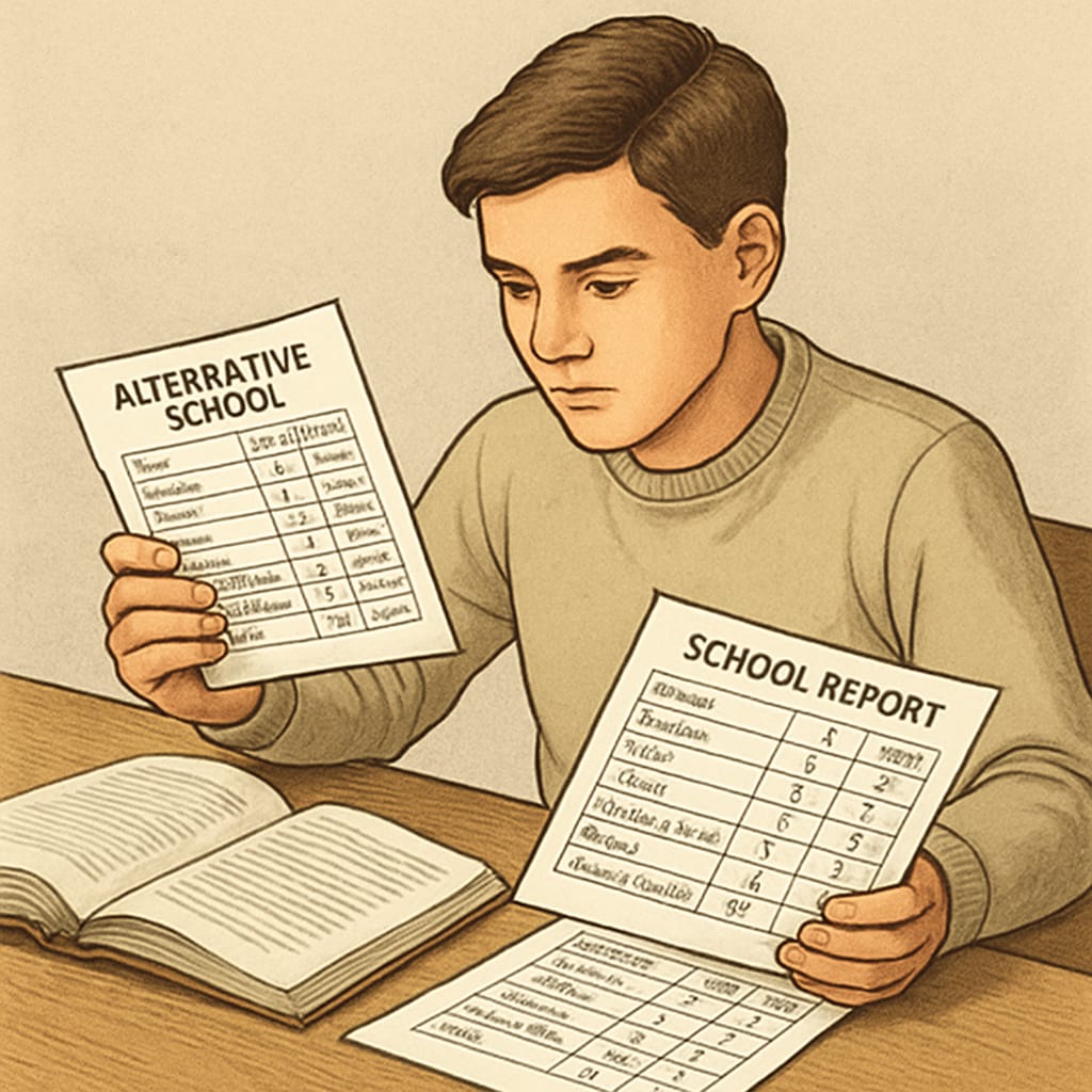 A student reviewing alternative academic records provided by a school. Student checking interim academic records as an alternative to report cards.