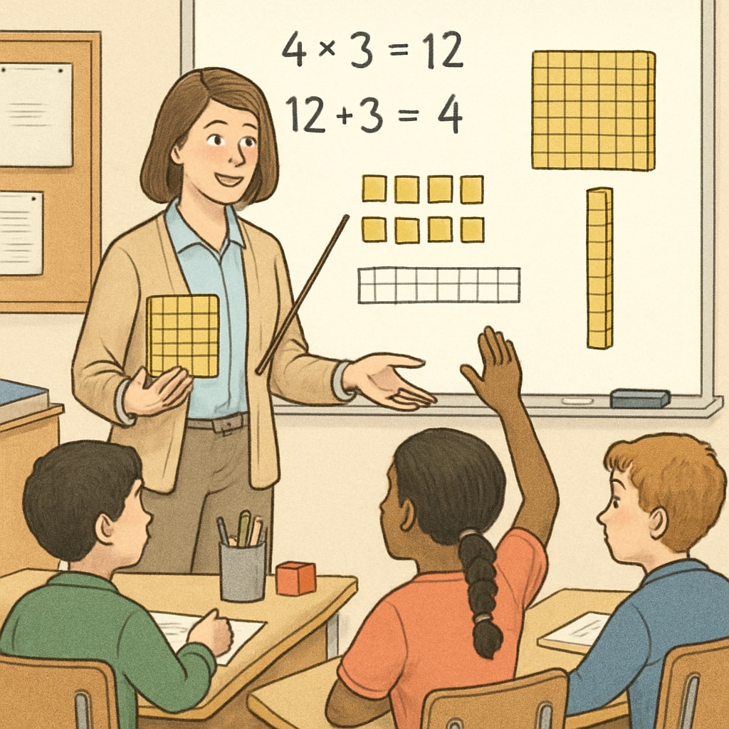 A teacher interacting with students in a classroom setting, visually demonstrating math concepts with tools or a whiteboard. Interactive math education scene highlighting teaching strategies.