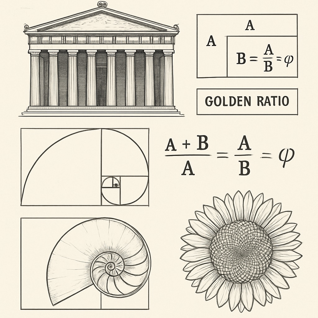 An artistic representation of the golden ratio in architecture and nature, showcasing its mathematical significance. Golden ratio illustration connecting math to real-world examples.