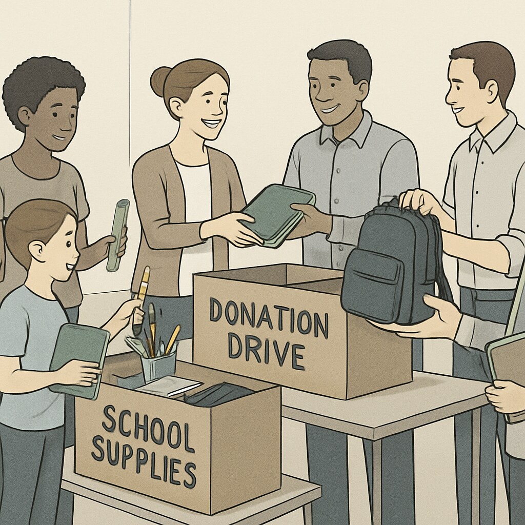Community members donating classroom supplies to support teachers.