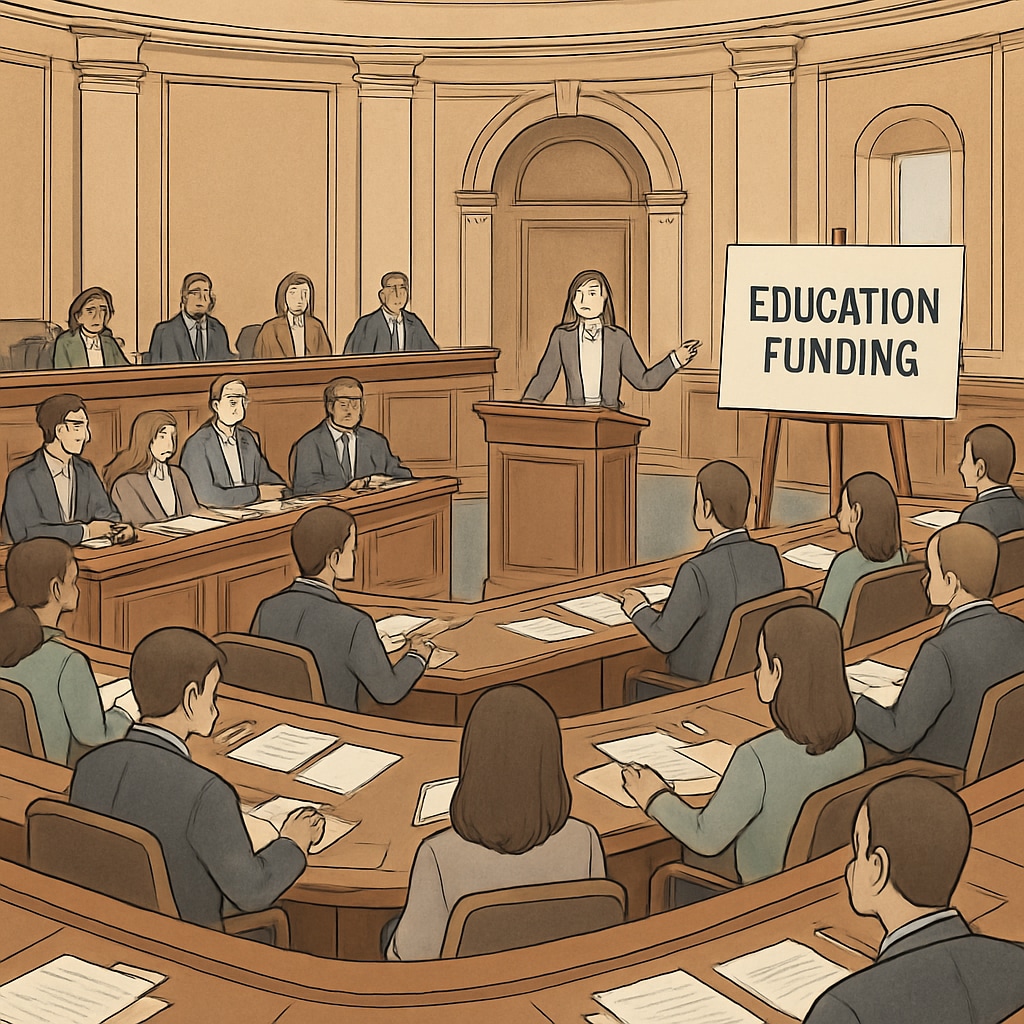 A legislative chamber where education funding decisions are debated. This image reflects the role of legislation in influencing educational policies. Legislative chamber discussing education funding, related to Stand For Children and privatization.