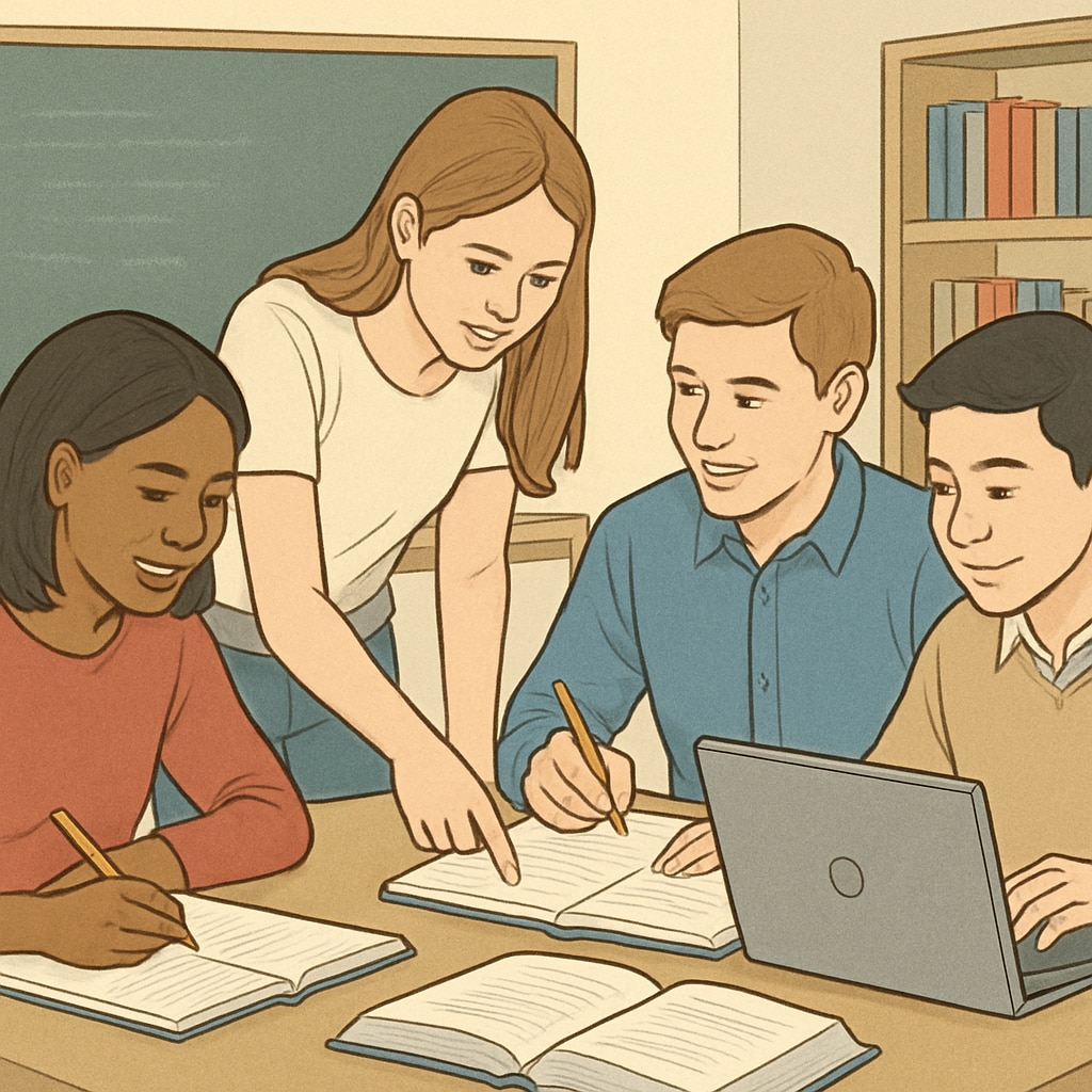 Students collaborating in a classroom setting, symbolizing effective learning methods and teamwork. Students working together in a classroom, representing effective learning methods.