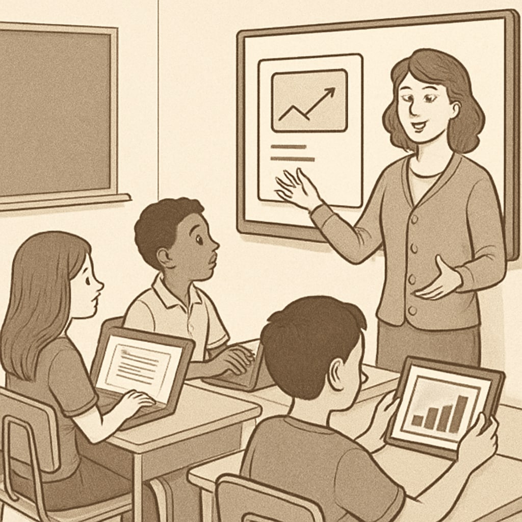 A teacher guiding students using technology tools in a classroom, showcasing modern educational strategies. A teacher helping students with technology-based learning tools in a classroom.