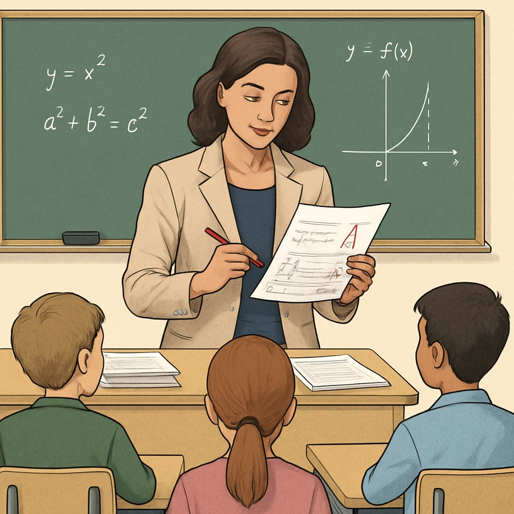 Teacher reviewing student feedback to optimize high school mathematics teaching.