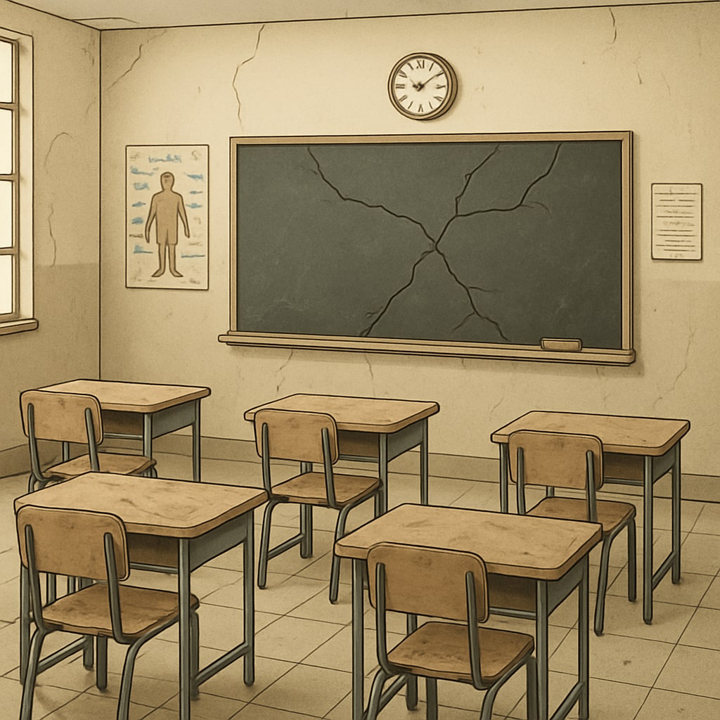 A classroom with minimal resources, symbolizing the impact of funding redistribution. This image highlights the challenges faced by underfunded public schools. A poorly resourced classroom, illustrating the effects of education privatization.