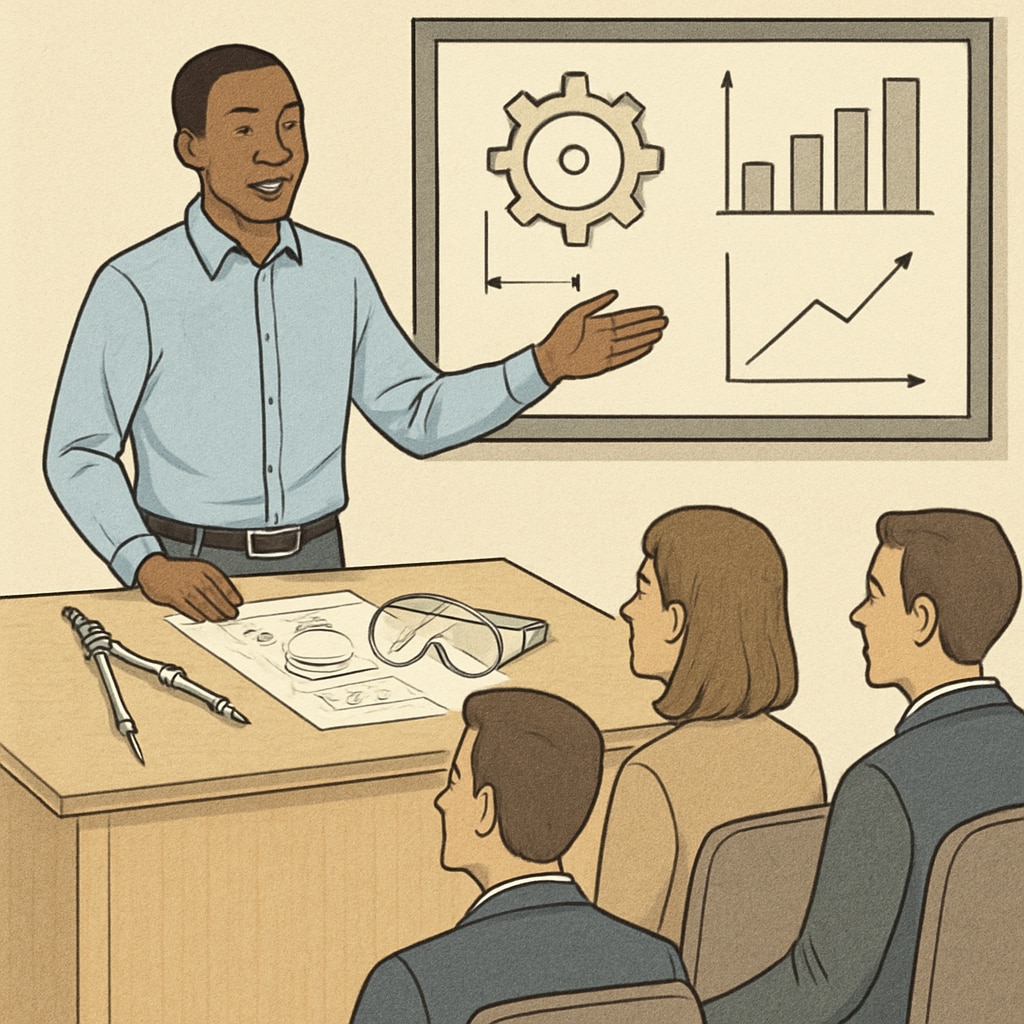 A professional presenting a design engineering project to a corporate team, demonstrating career applications of practical skills. Design engineering professional showcasing a project to a business team