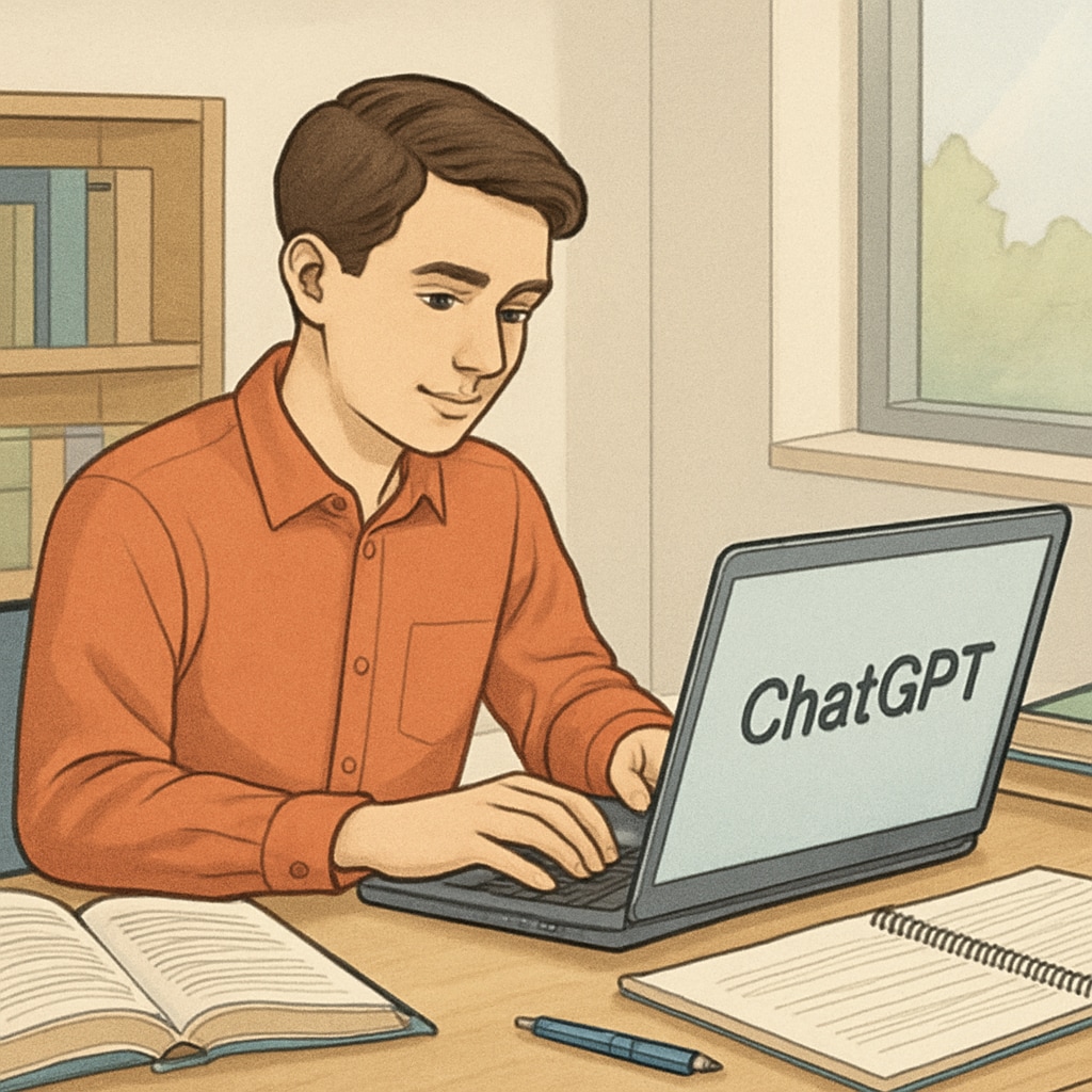 A student using an AI tool like ChatGPT on a laptop in a modern study environment, illustrating the role of AI in academic work. A student using AI tools like ChatGPT, linked to academic integrity and educational challenges.