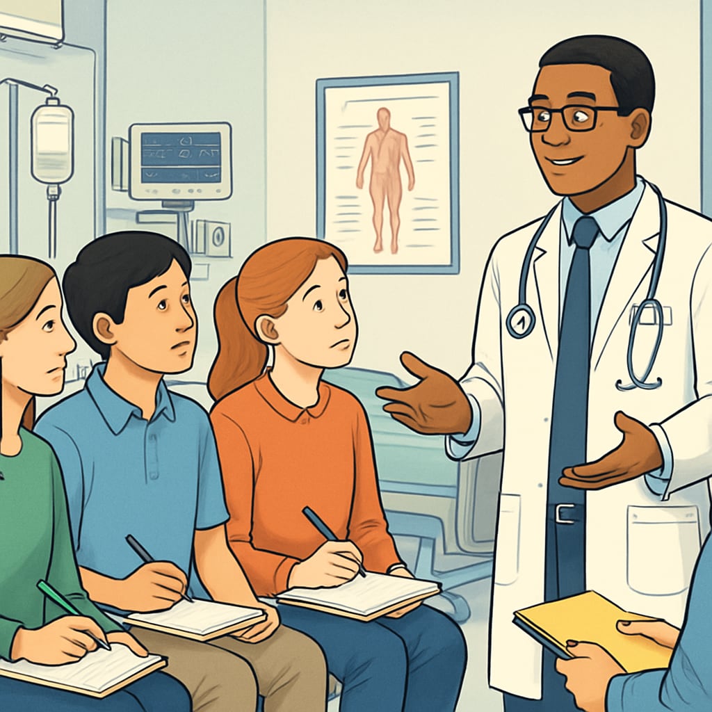 A group of high school students interviewing a doctor in a hospital setting. High school students conducting doctor interviews for a medical career project.