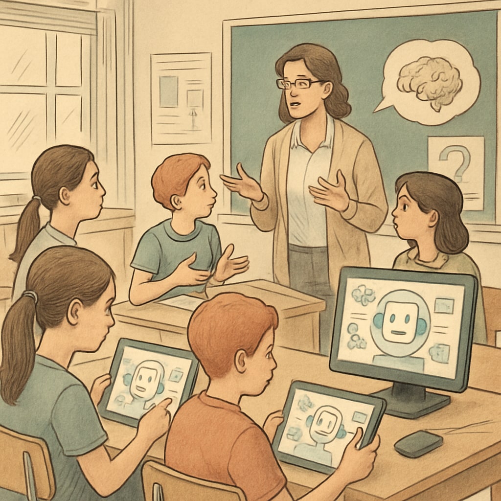 Students using AI learning platforms with teacher guidance on critical thinking.