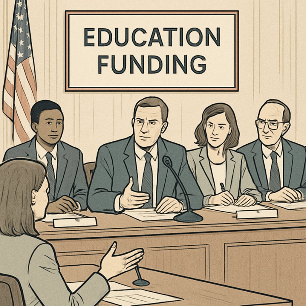 Policymakers discussing the allocation of education funds during a legislative hearing.