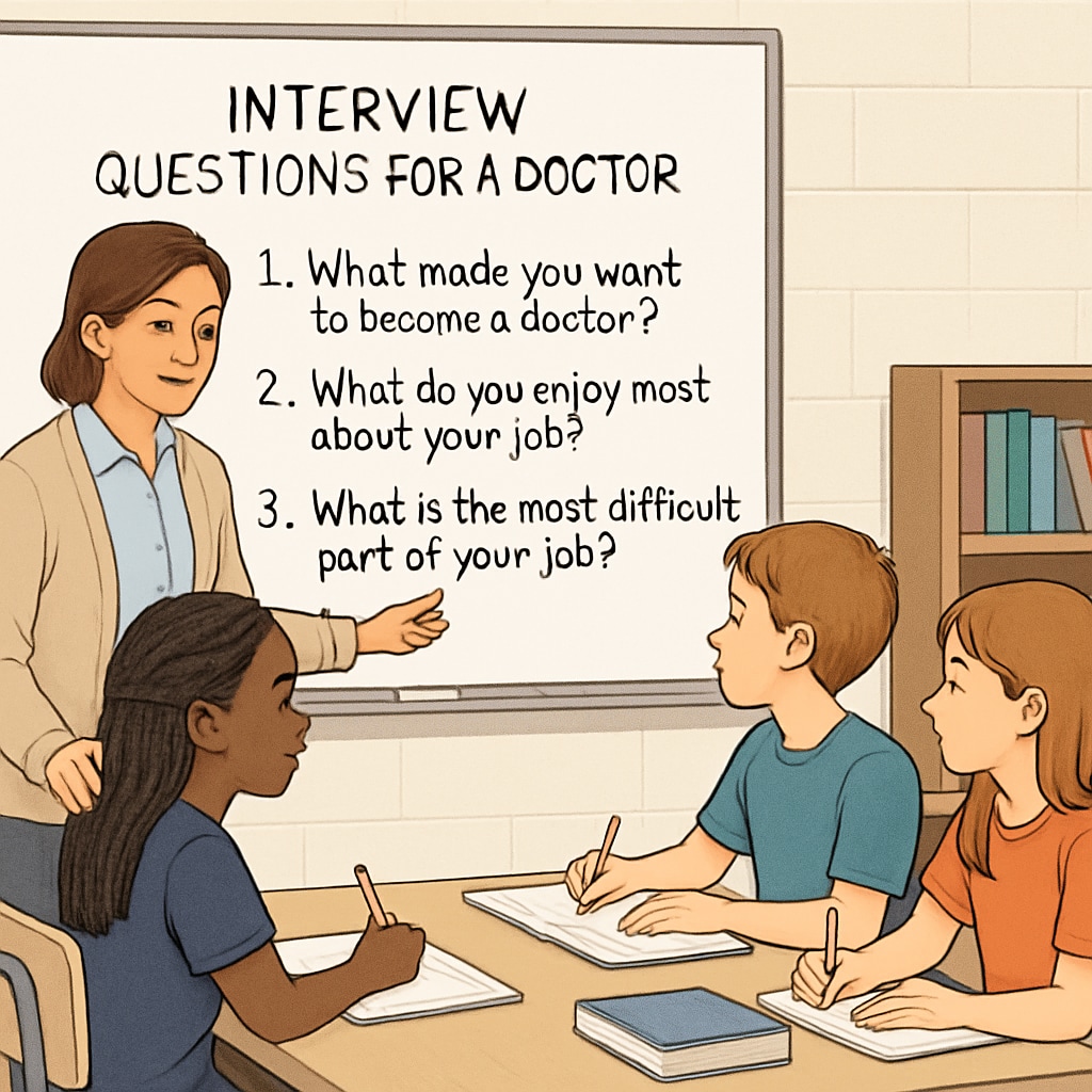 A teacher assisting students in preparing interview questions for a doctor. Students and teachers preparing for a medical career interview project.