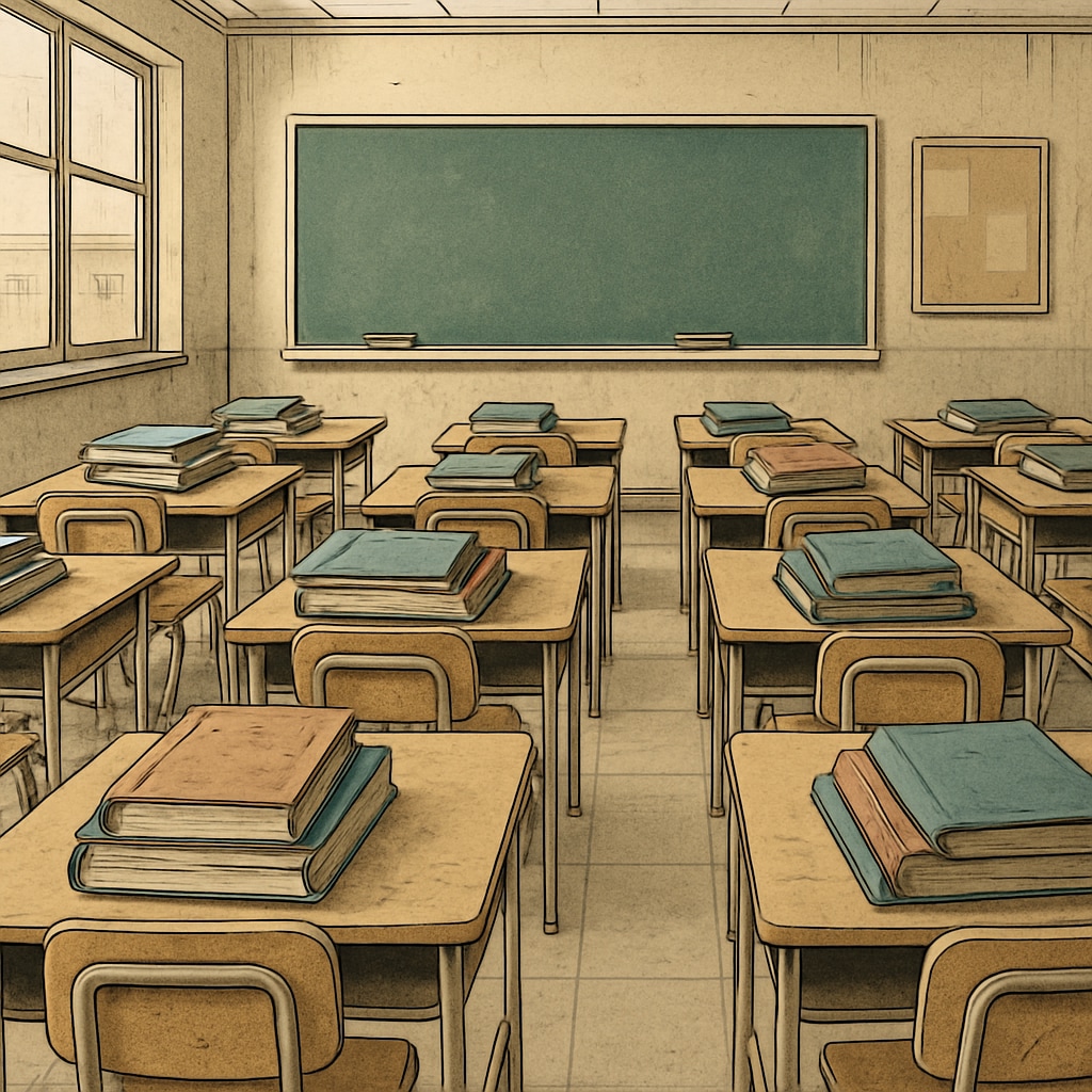 A public school classroom with outdated resources, highlighting funding disparities.