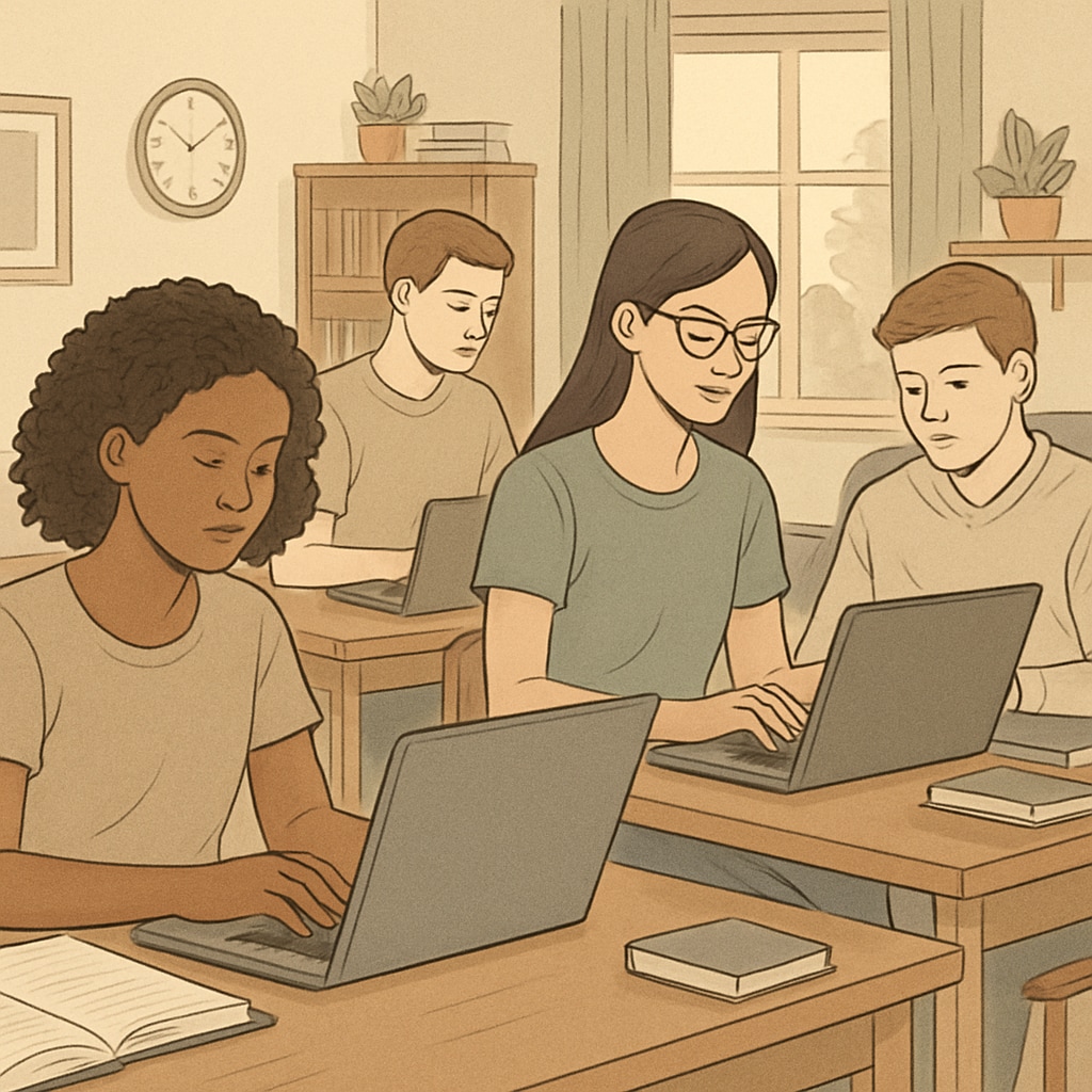 Students studying on laptops at home, showcasing the flexibility of an online high school diploma.