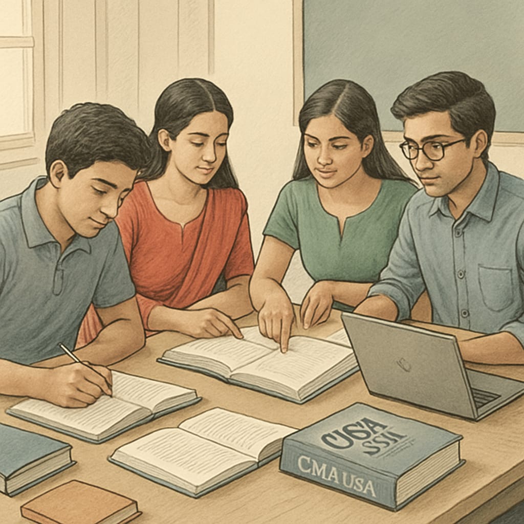 CMA USA students in Kerala discussing study materials together.