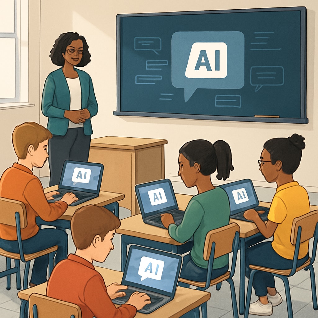A classroom setting where students are using laptops and engaging with AI tools, symbolizing the integration of technology in modern education. Students in a classroom using laptops to engage with AI tools in education.
