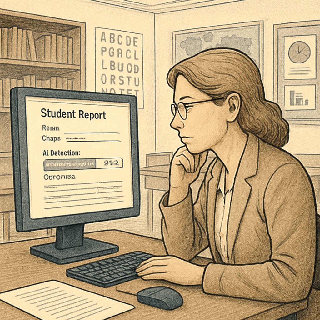 A teacher analyzing a report with AI-detection software on a computer screen, representing the challenges and costs of AI detection in education. Teacher reviewing AI-detection software results on a computer in an educational setting.