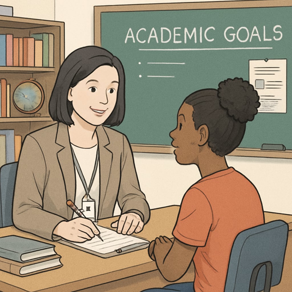 A K12 school counselor in a classroom setting, speaking with a student about academic goals. K12 school counselor discussing academic goals with a student.