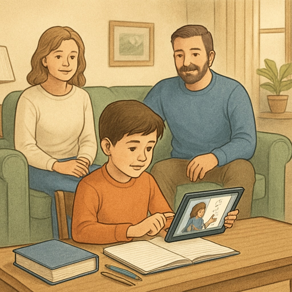 A family sitting together at home while a child studies on a tablet. The image illustrates the flexibility of online schooling. Family supporting a child studying on a tablet, showcasing the adaptability of public online schools.