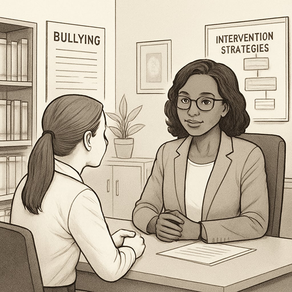 Counselor addressing bullying-related issues with a student in a supportive environment.