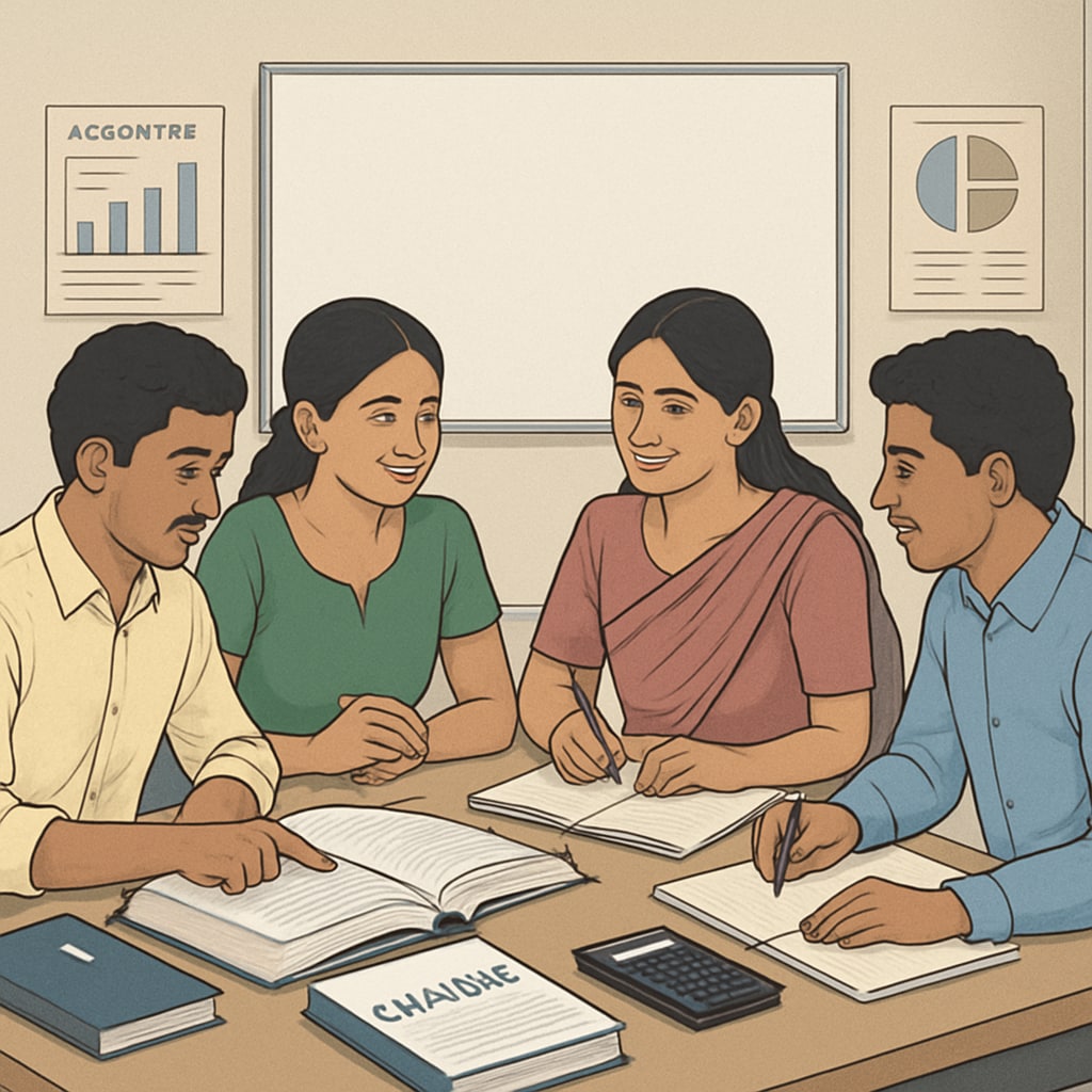 A group of Kerala students collaborating on CMA USA exam preparation in a classroom setting. Kerala students preparing for CMA USA certification together in a study group.