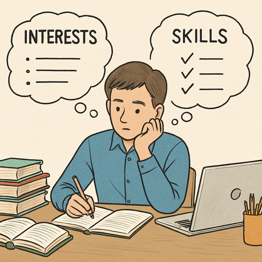 A high school student thoughtfully analyzing their interests and skills, sitting at a desk with books and a laptop. A student exploring interests and career options for college major selection.