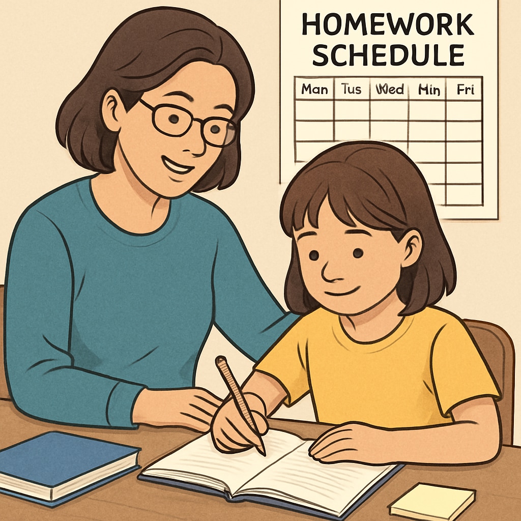 A supportive parent working with their child on a homework schedule, symbolizing executive function support. Parent and child working on time management strategies to support executive functions.