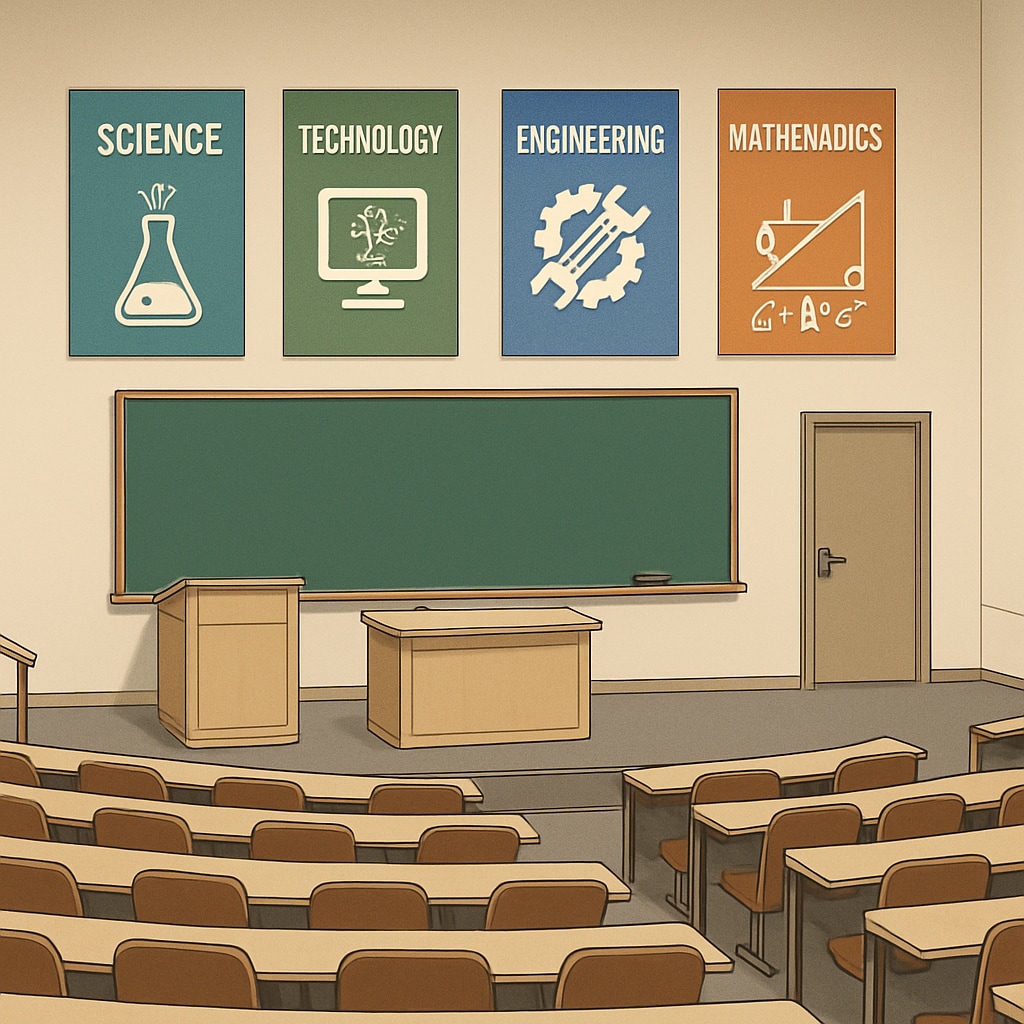 A university lecture hall with STEM-related posters, symbolizing diverse career pathways in science and mathematics. A lecture hall inspiring STEM-related college major choices.