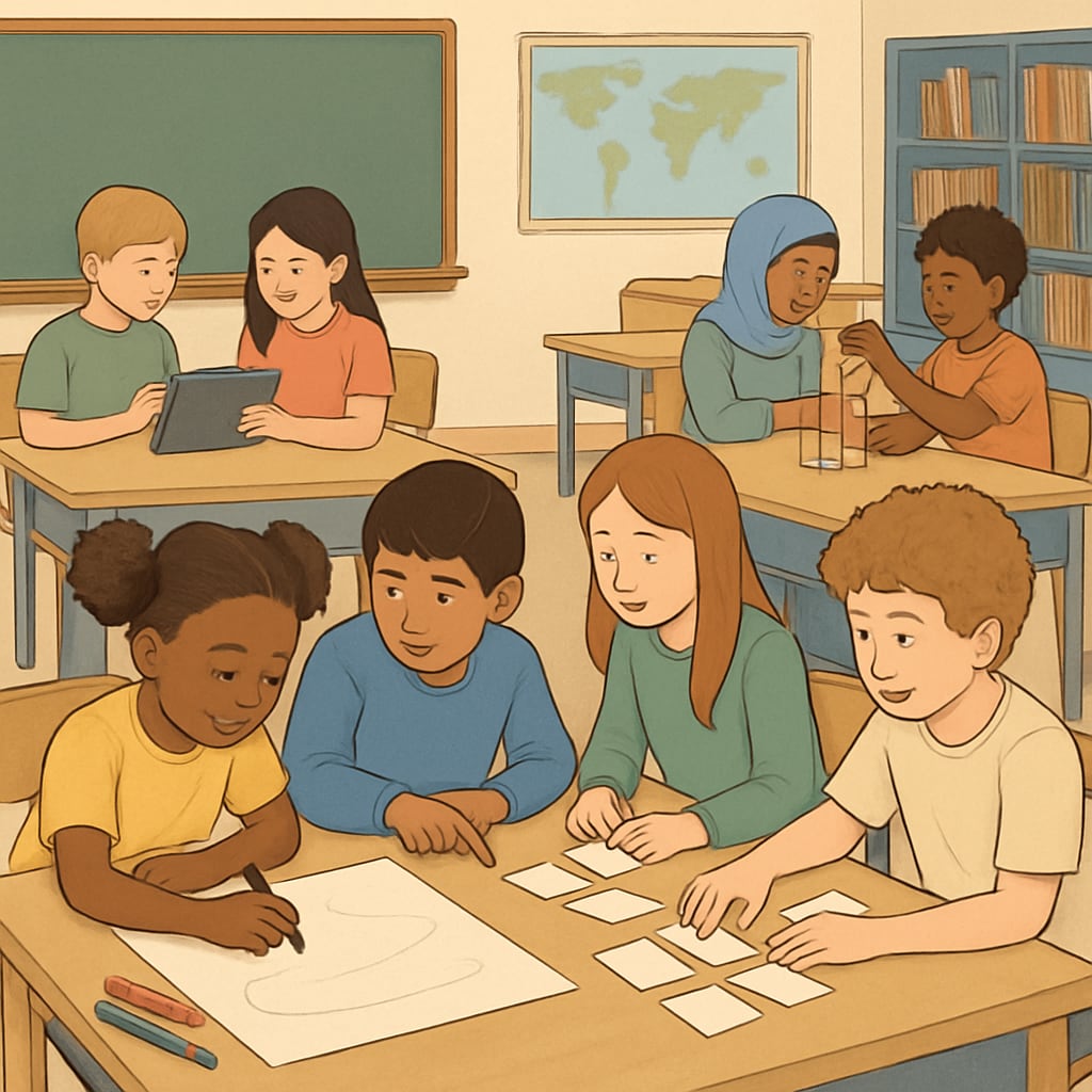 A classroom setting with diverse children working on projects, illustrating inclusivity and support for executive function growth. Inclusive classroom scene highlighting executive function development in children with ADHD and ASD.