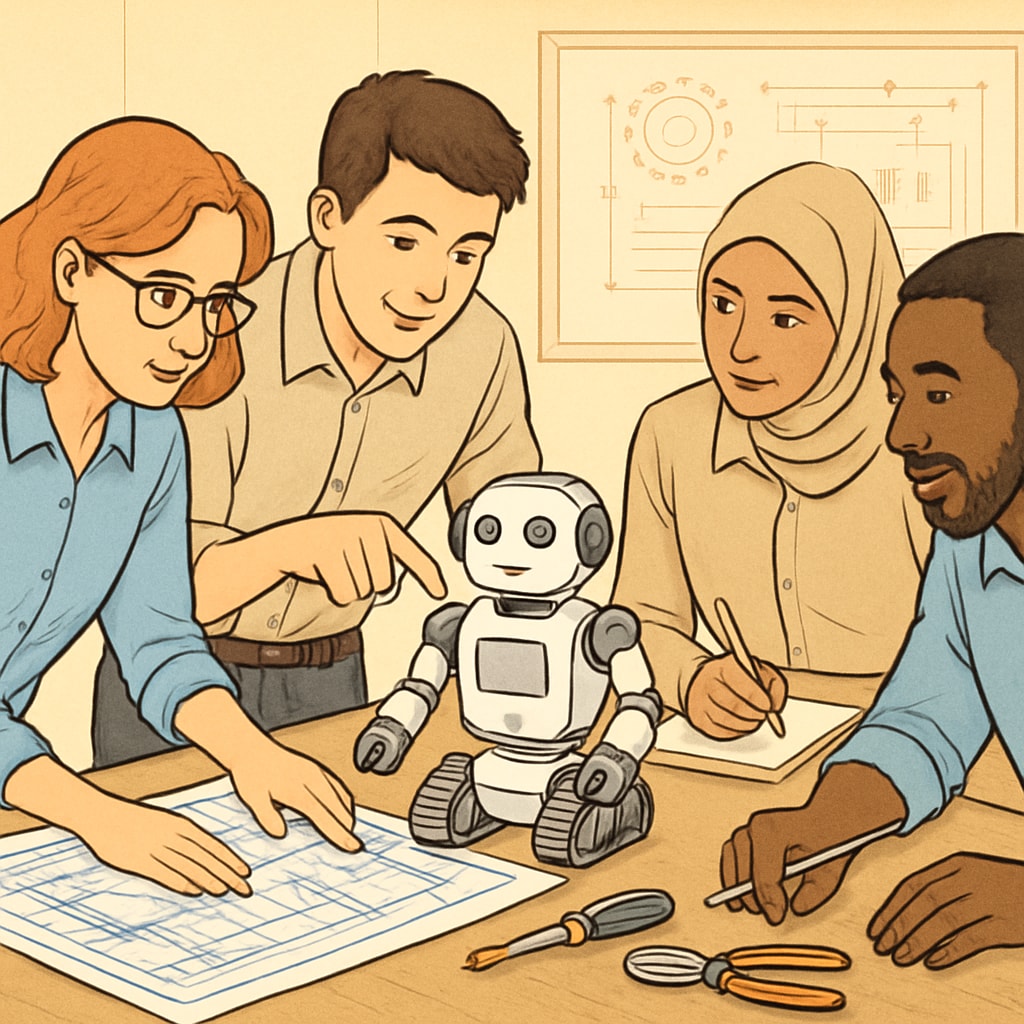 A team of engineers collaborating on a robotics project, representing teamwork in engineering roles. A group of engineers working on a robotics project, showcasing teamwork and innovation in engineering.