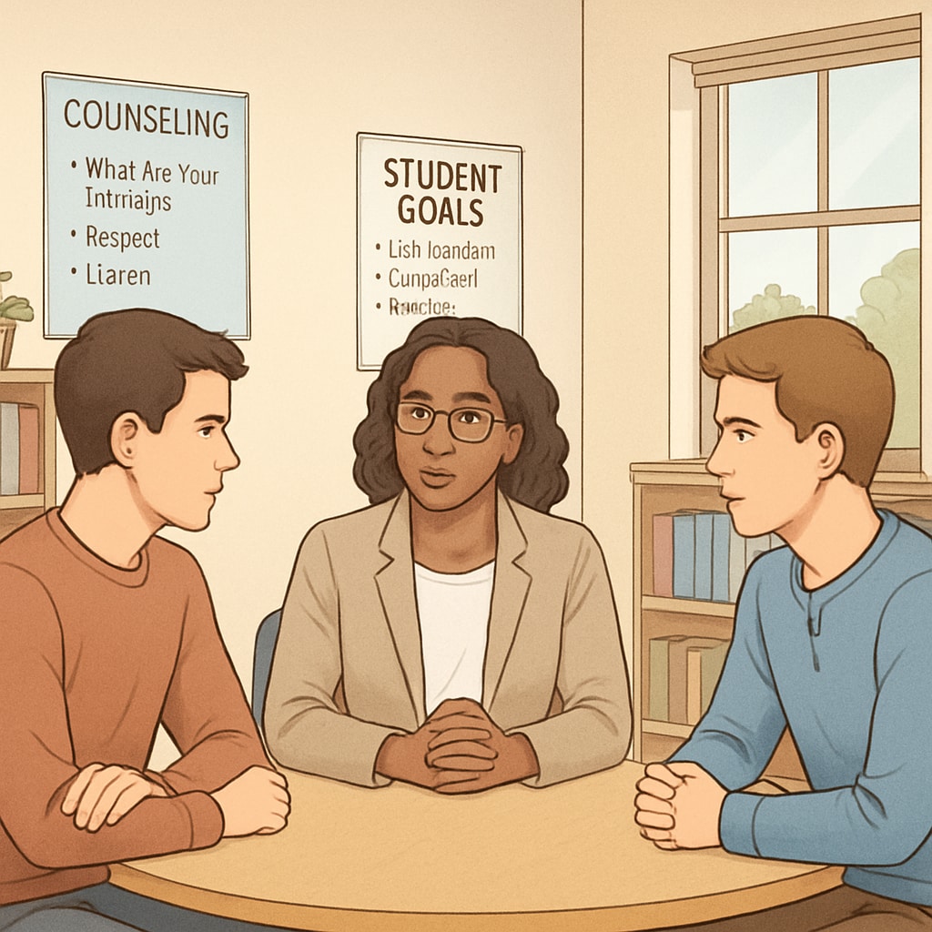 School counselor mediating a student conflict, addressing bullying prevention strategies.