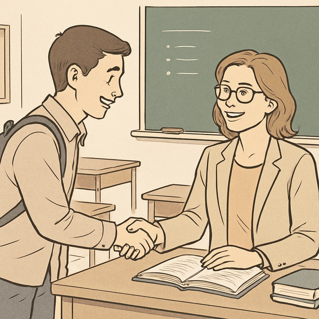 A student approaching their teacher after class to express gratitude, symbolizing the connection fostered through genuine interaction. Student expressing gratitude to a teacher, showcasing the importance of teacher influence in education.