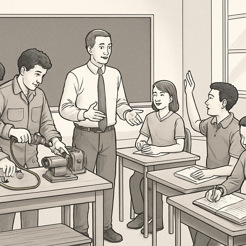 A classroom with students engaged in both hands-on vocational training and academic discussions, illustrating the integration of practical and theoretical learning. Students combining vocational training with academic learning in a classroom setting.