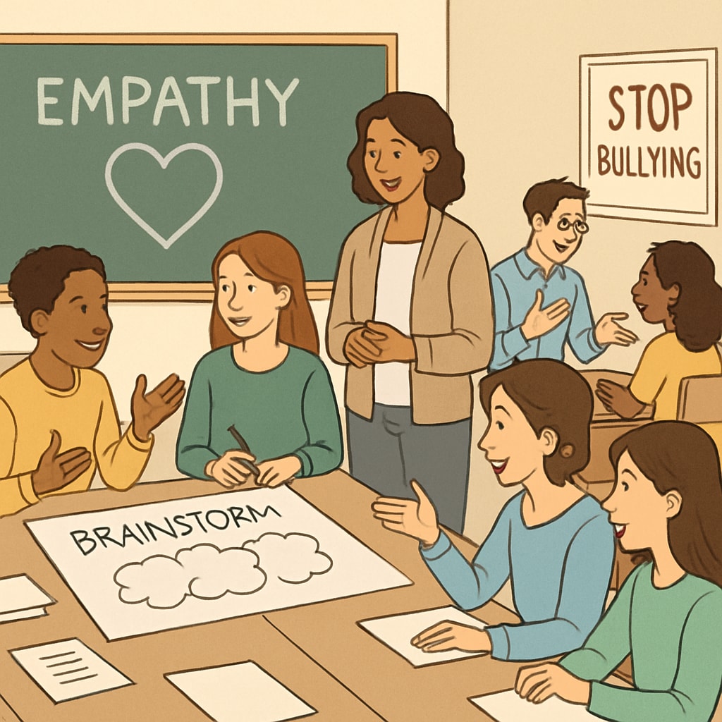Classroom workshop teaching empathy and anti-bullying strategies with active student participation.