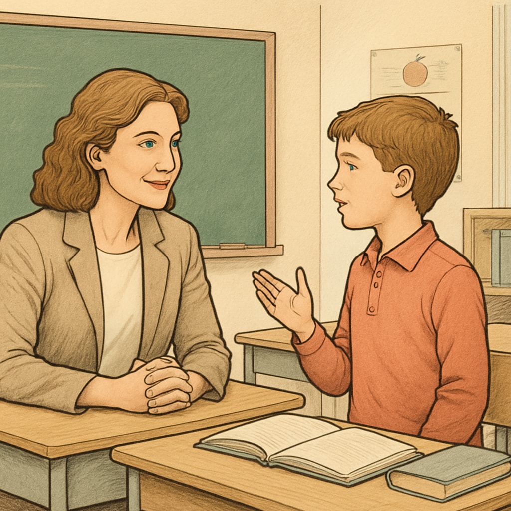 A teacher attentively listening to a student in a classroom setting, emphasizing the value of mutual respect in education. Teacher fostering classroom interaction through active listening and mutual respect.