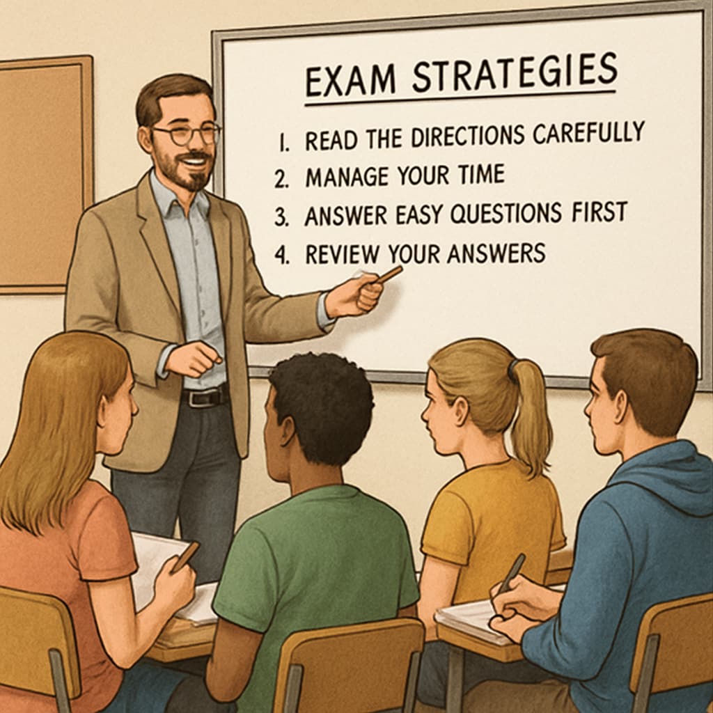 A teacher pointing to a whiteboard with exam strategies written on it, while students take notes. Classroom scene with a teacher explaining Functional Skills English reading strategies.
