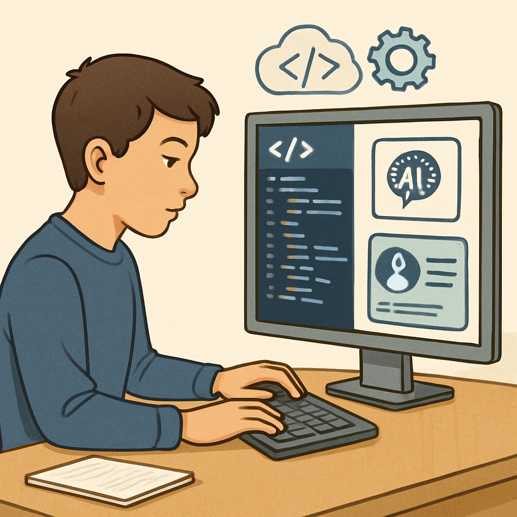 A teenager coding with AI assistance software, showcasing AI's role in career development.