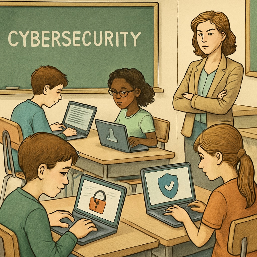 A classroom of students working on cybersecurity exercises with laptops, emphasizing the importance of practical skills in education. Students practicing cybersecurity exercises in a classroom setting.