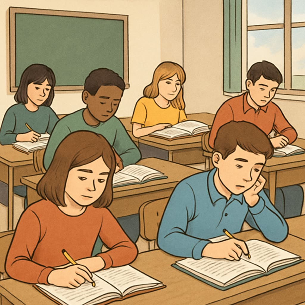 A classroom with students focused on their studies, no phones visible. Students concentrating in a classroom without mobile phones, promoting focus and learning.