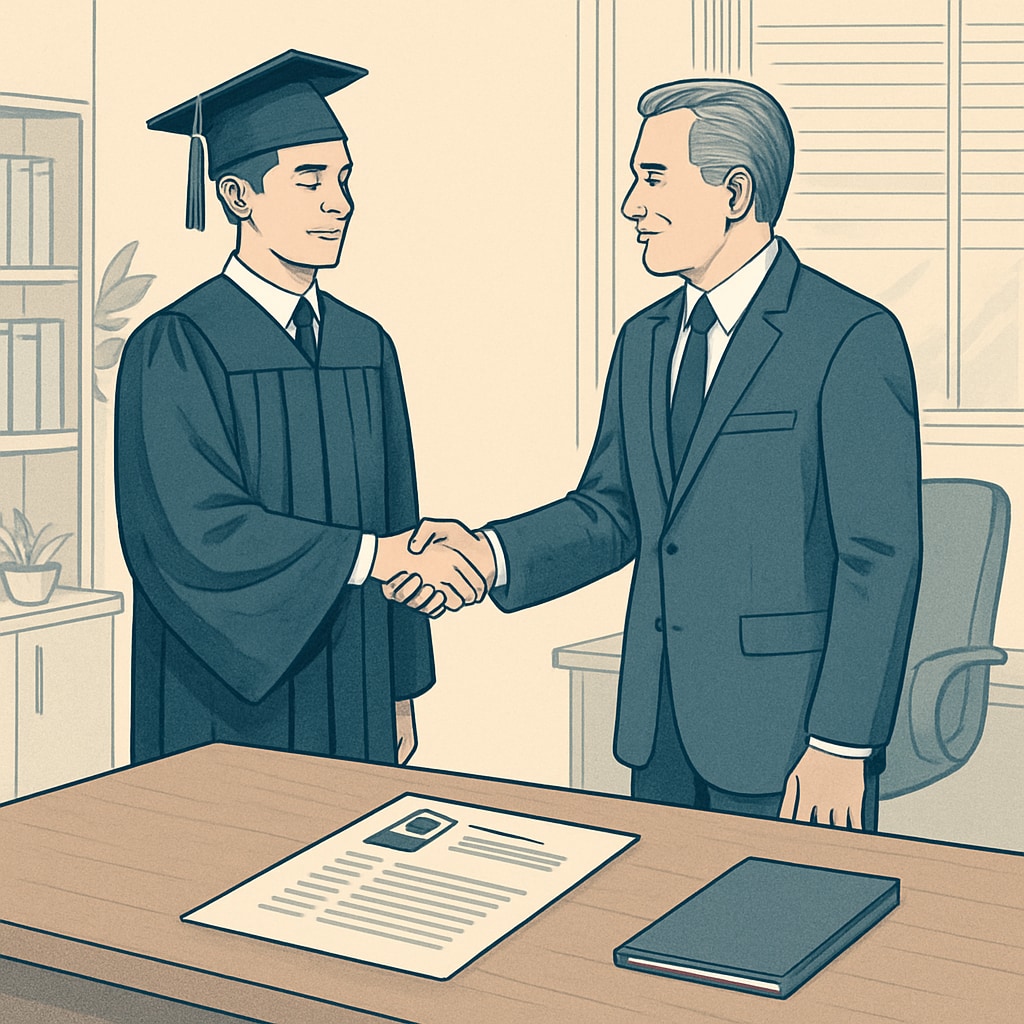 A graduate shaking hands with an employer during a cybersecurity job interview, illustrating the connection between academic preparation and career success. Cybersecurity graduate meeting with an employer during an interview.