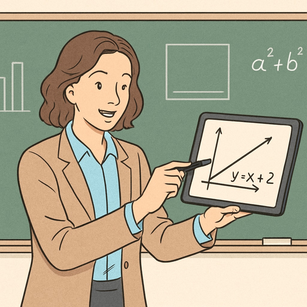 A teacher using a digital tablet to demonstrate an interactive lesson. A teacher utilizing digital technology in a classroom, showcasing alternatives to phone bans.