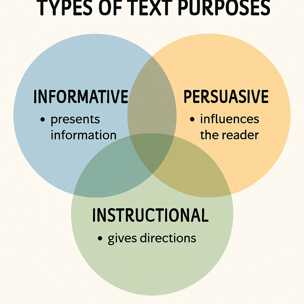 A visual representation of the three types of text purposes (informative, persuasive, instructional), such as a Venn diagram showing overlaps and differences. Diagram comparing informative, persuasive, and instructional text purposes for functional English reading.